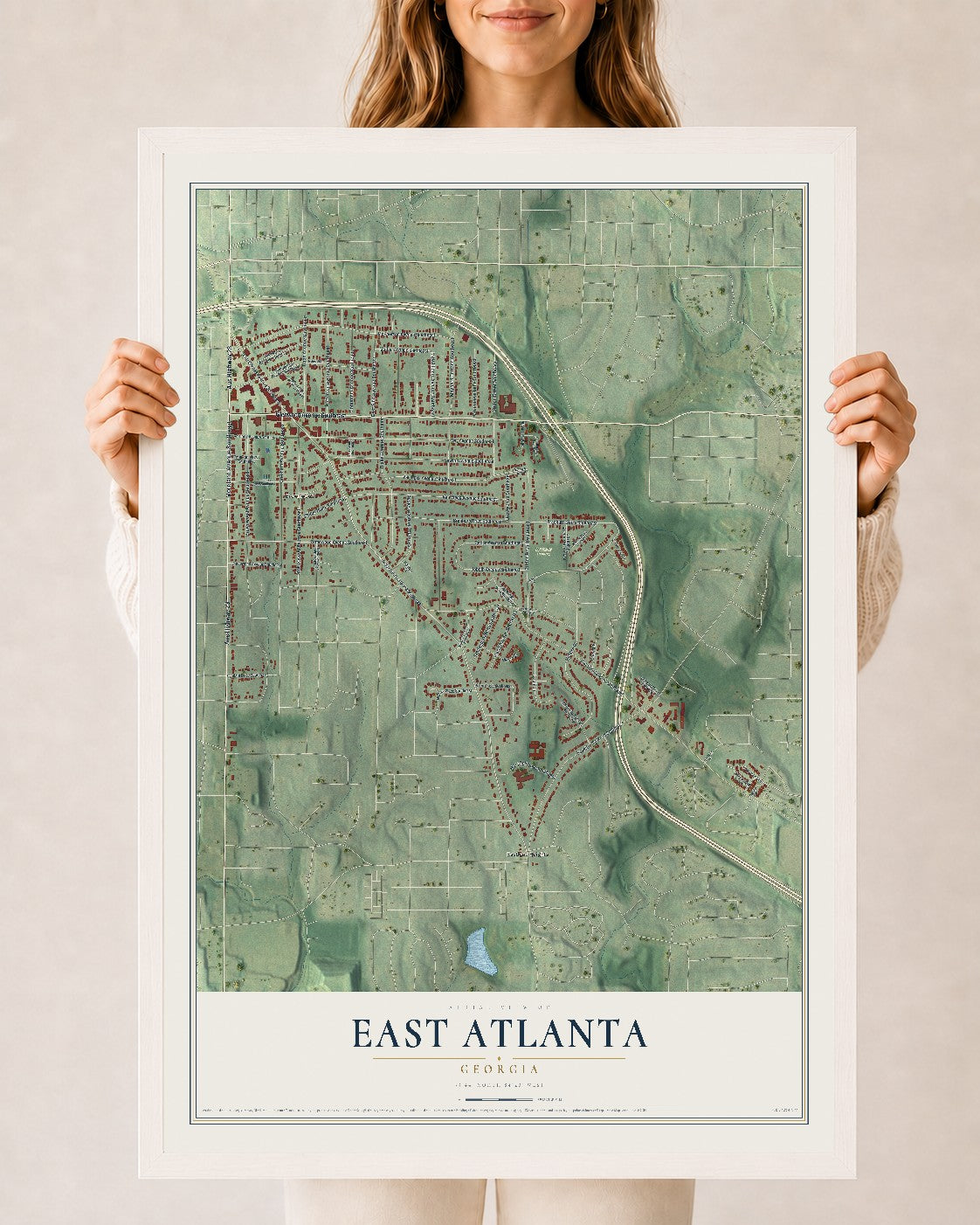 East Atlanta, Georgia map print, 24" x 36" W/ White Ayous Wood Frame mockup