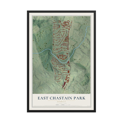 East Chastain Park, Georgia map print, 12" x 18" W/ Black Ayous Wood Frame mockup