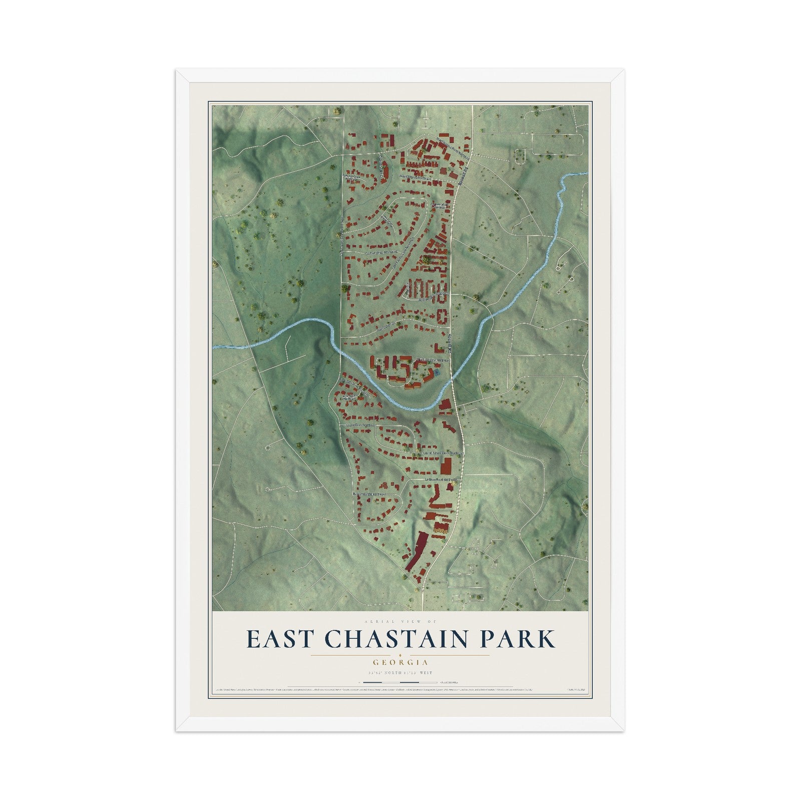East Chastain Park, Georgia map print, 12" x 18" W/ White Ayous Wood Frame mockup