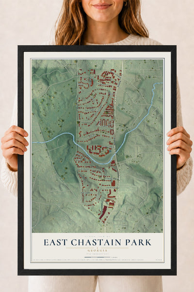 East Chastain Park, Georgia map print, 18" x 24" W/ Black Ayous Wood Frame mockup