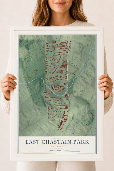 East Chastain Park, Georgia map print, 18" x 24" W/ White Ayous Wood Frame mockup