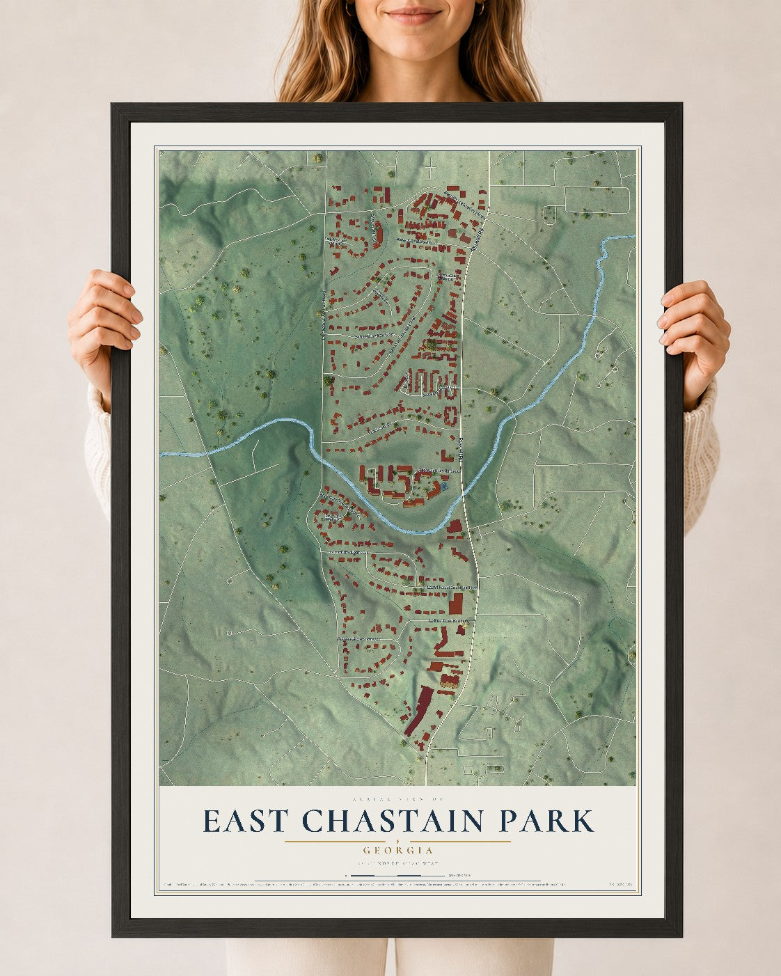 East Chastain Park, Georgia map print, 24" x 36" W/ Black Ayous Wood Frame mockup