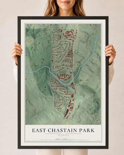 East Chastain Park, Georgia map print, 24" x 36" W/ Black Ayous Wood Frame mockup