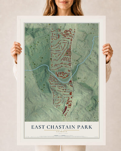 East Chastain Park, Georgia map print, 24" x 36" W/ White Ayous Wood Frame mockup