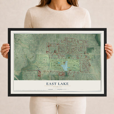East Lake, Georgia map print, 12" x 18" W/ Black Ayous Wood Frame mockup