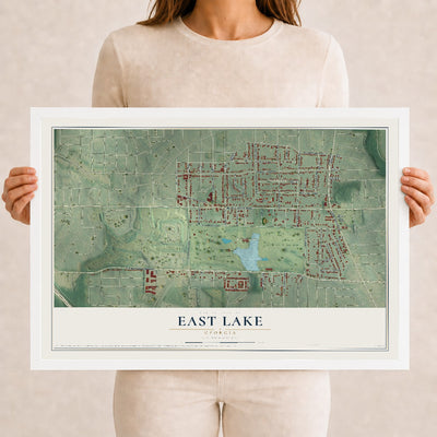 East Lake, Georgia map print, 12" x 18" W/ White Ayous Wood Frame mockup