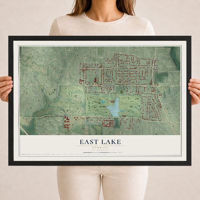East Lake, Georgia map print, 18" x 24" W/ Black Ayous Wood Frame mockup
