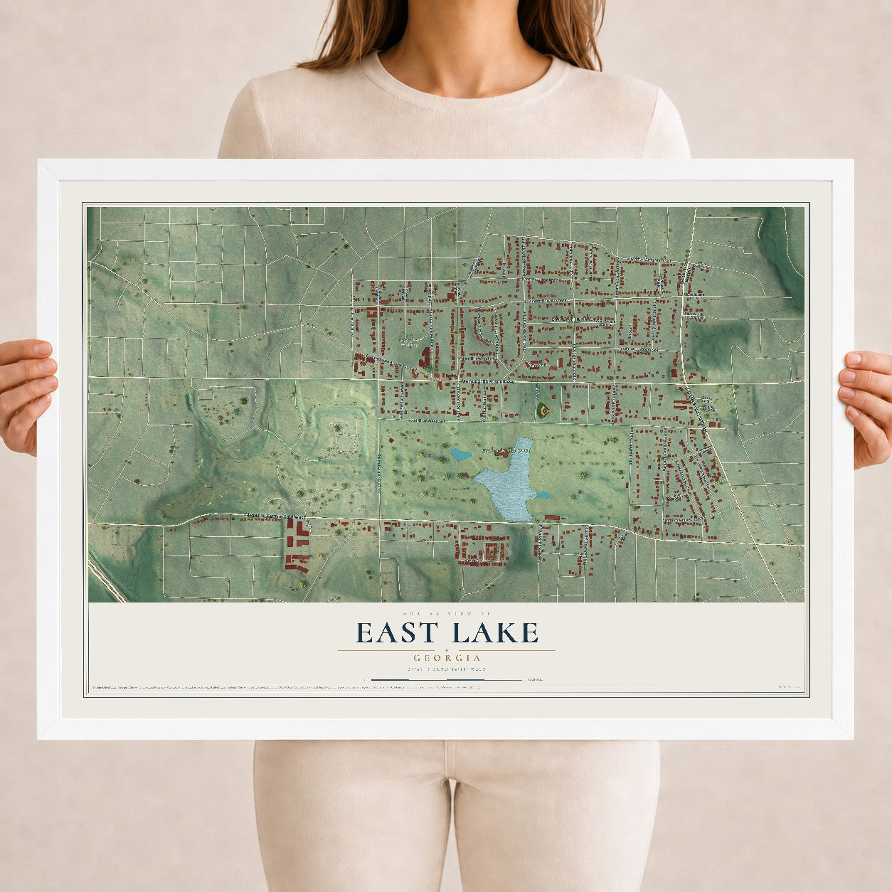 East Lake, Georgia map print, 18" x 24" W/ White Ayous Wood Frame mockup