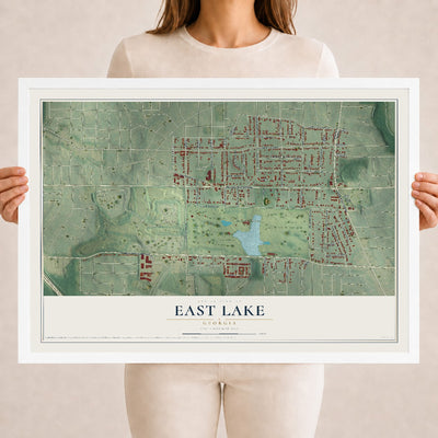 East Lake, Georgia map print, 18" x 24" W/ White Ayous Wood Frame mockup