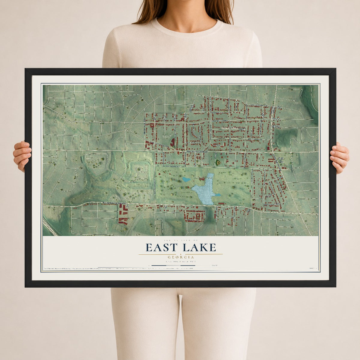 East Lake, Georgia map print, 24" x 36" W/ Black Ayous Wood Frame mockup