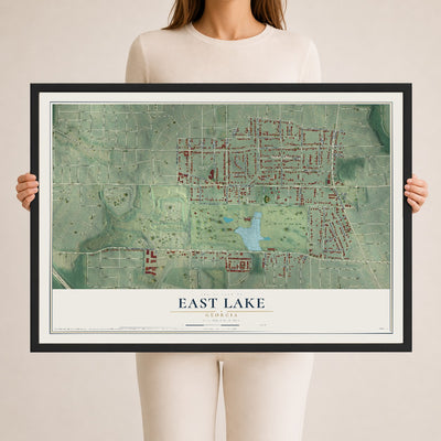 East Lake, Georgia map print, 24" x 36" W/ Black Ayous Wood Frame mockup