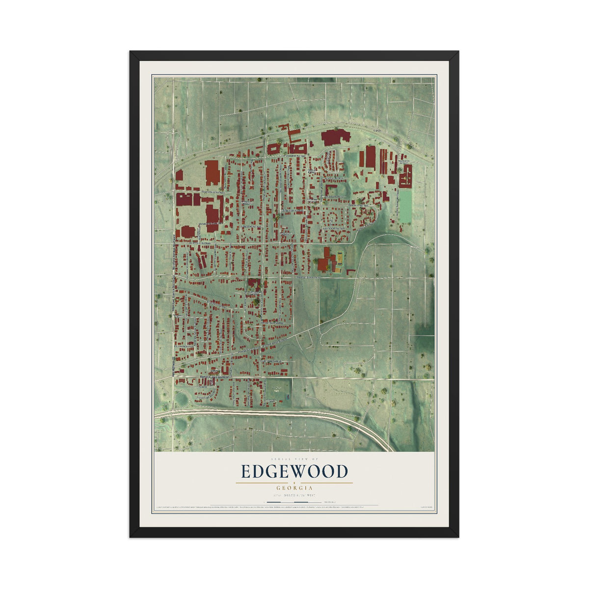 Edgewood, Georgia map print, 12" x 18" W/ Black Ayous Wood Frame mockup