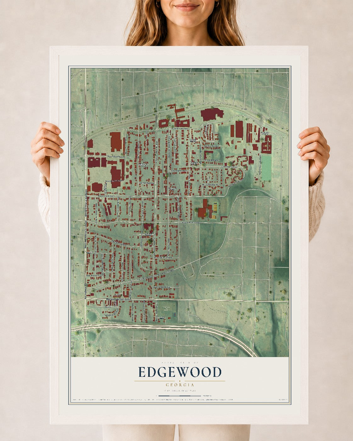 Edgewood, Georgia map print, 24" x 36" W/ White Ayous Wood Frame mockup