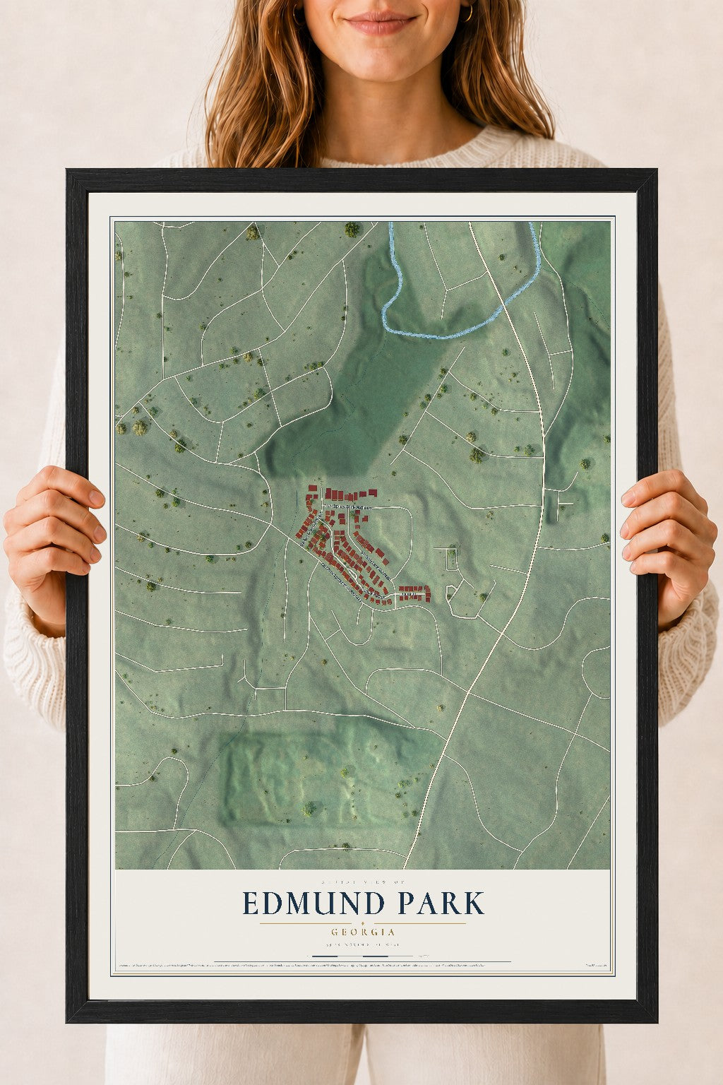 Edmund Park, Georgia map print, 18" x 24" W/ Black Ayous Wood Frame mockup