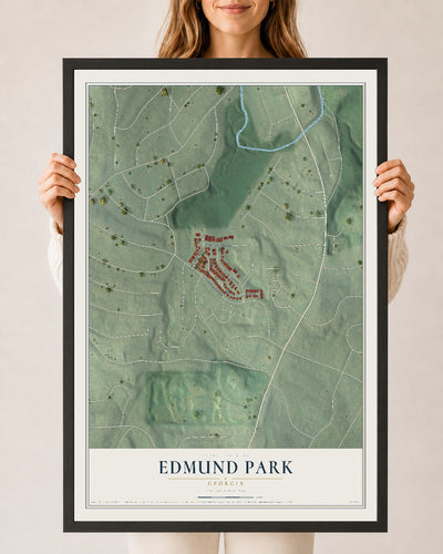 Edmund Park, Georgia map print, 24" x 36" W/ Black Ayous Wood Frame mockup