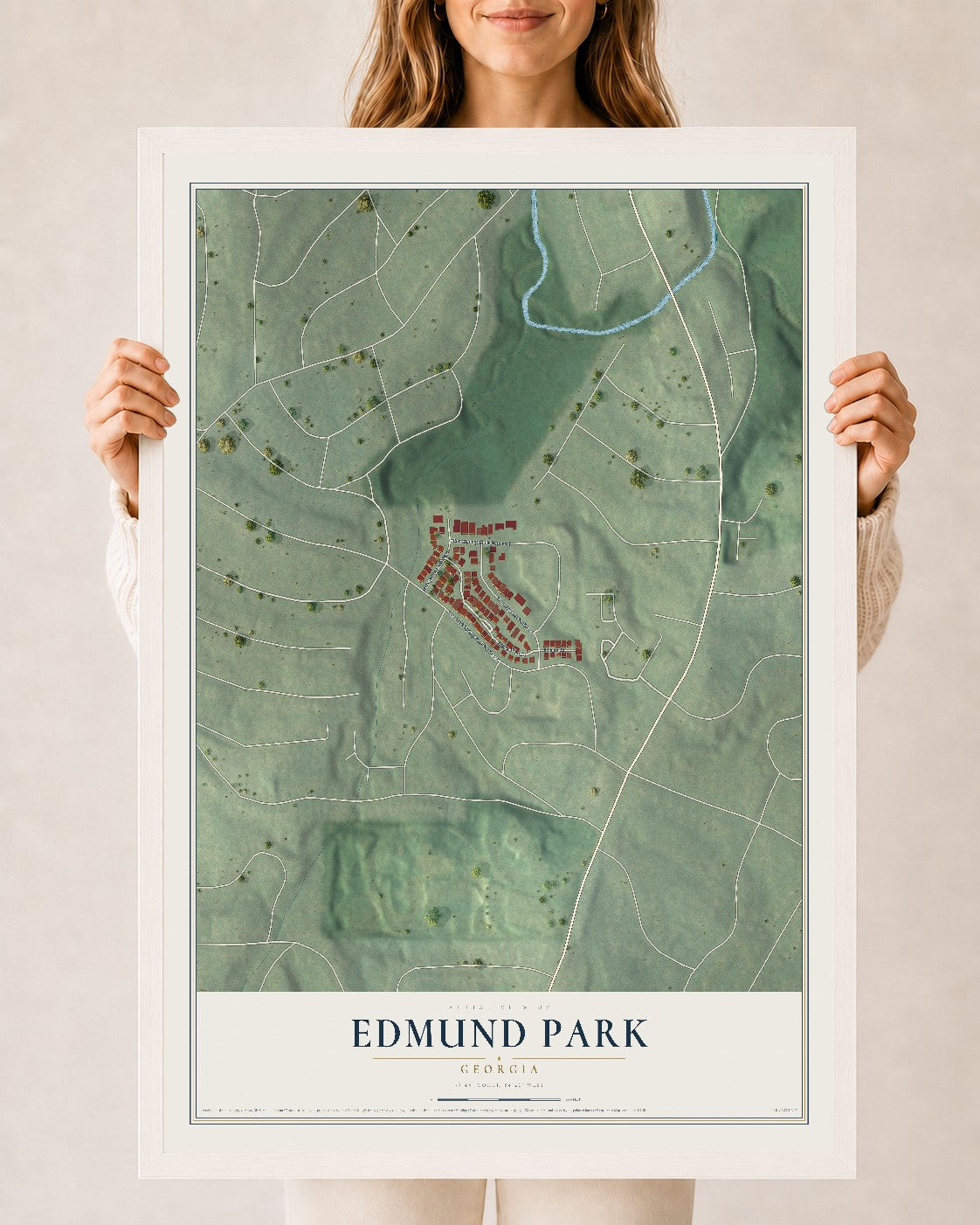 Edmund Park, Georgia map print, 24" x 36" W/ White Ayous Wood Frame mockup