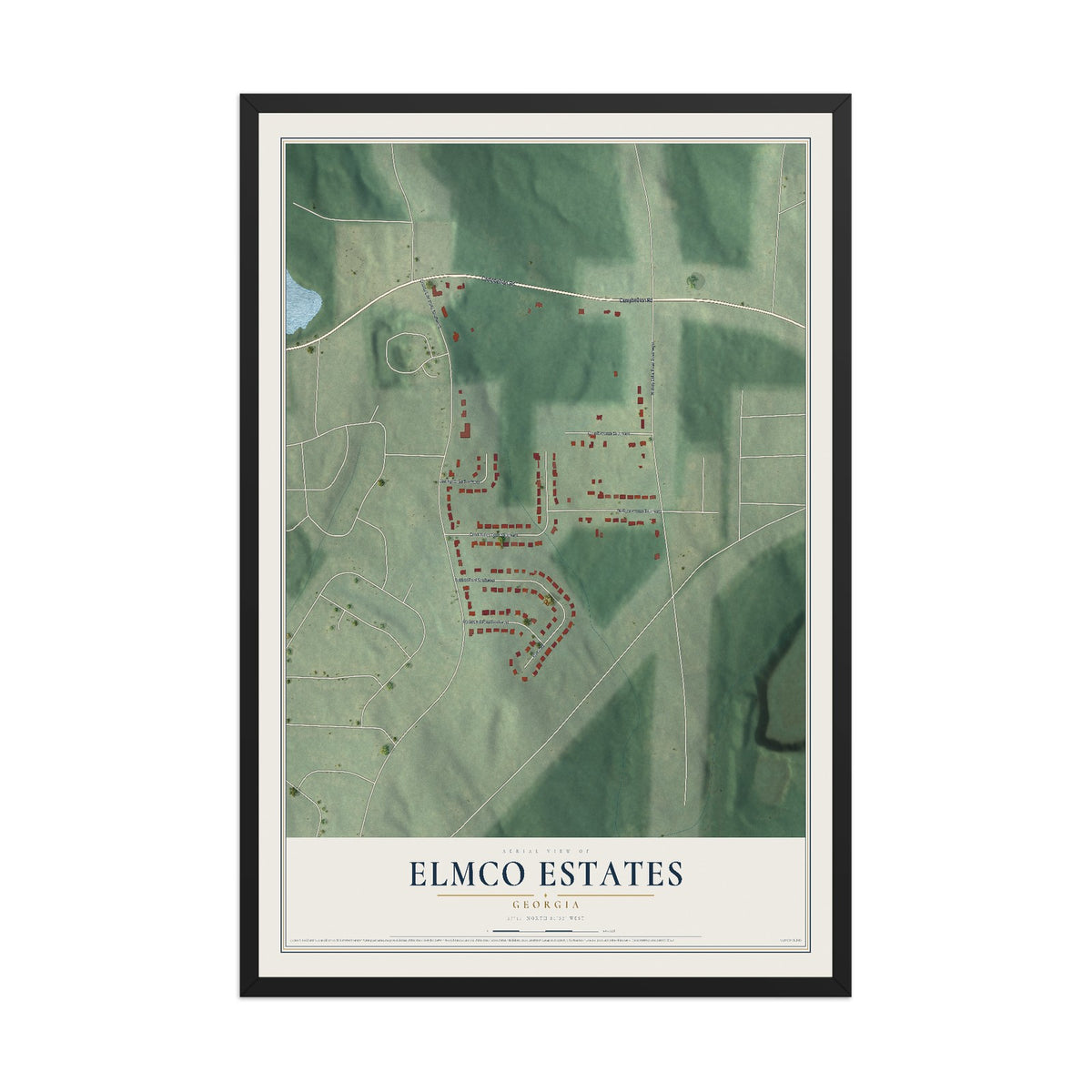 Elmco Estates, Georgia map print, 12" x 18" W/ Black Ayous Wood Frame mockup