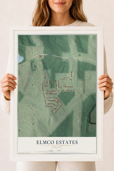 Elmco Estates, Georgia map print, 18" x 24" W/ White Ayous Wood Frame mockup
