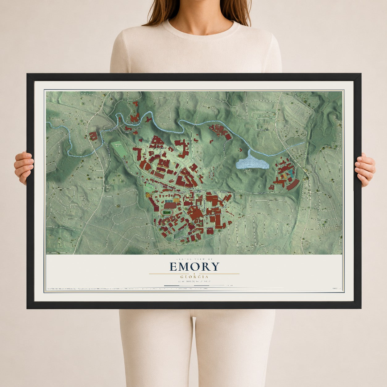 Emory, Georgia map print, 24" x 36" W/ Black Ayous Wood Frame mockup