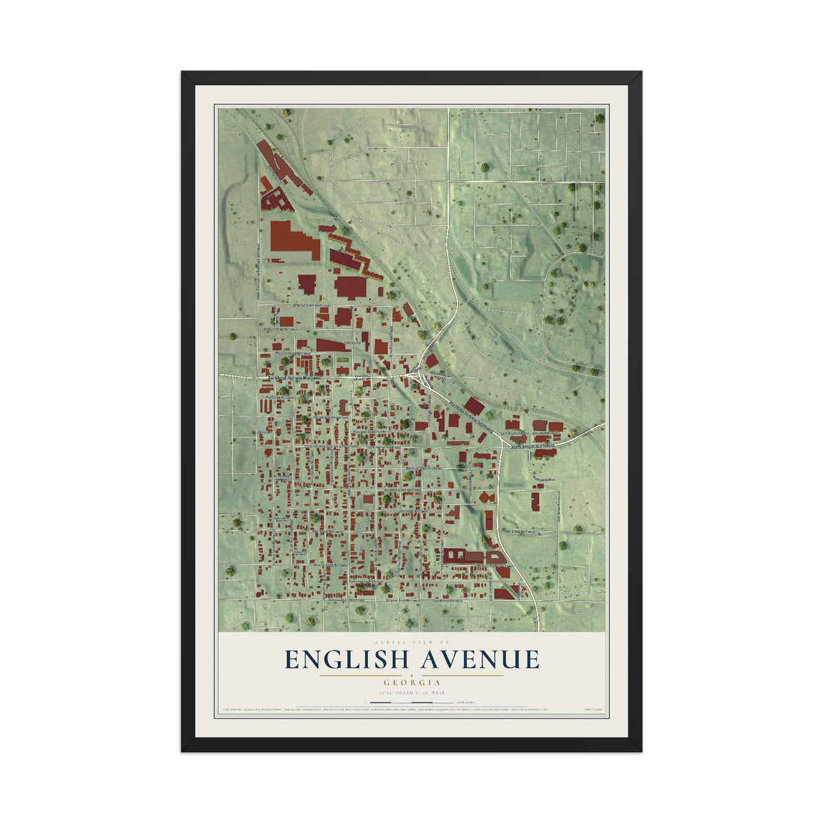 English Avenue, Georgia map print, 12" x 18" W/ Black Ayous Wood Frame mockup