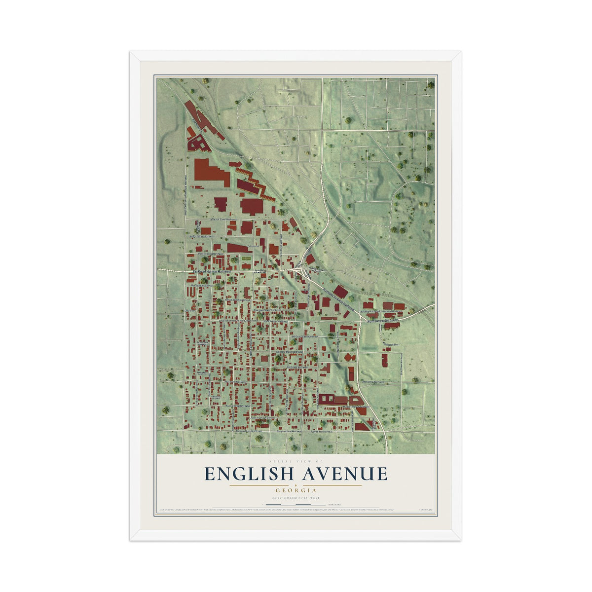 English Avenue, Georgia map print, 12" x 18" W/ White Ayous Wood Frame mockup