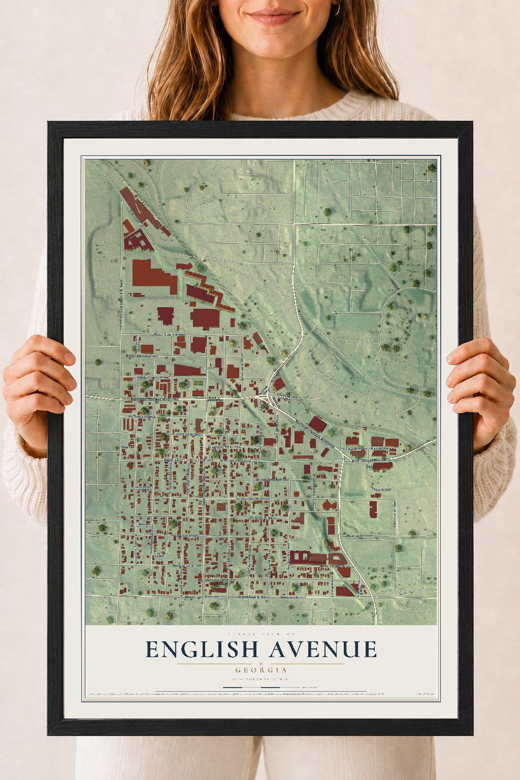 English Avenue, Georgia map print, 18" x 24" W/ Black Ayous Wood Frame mockup
