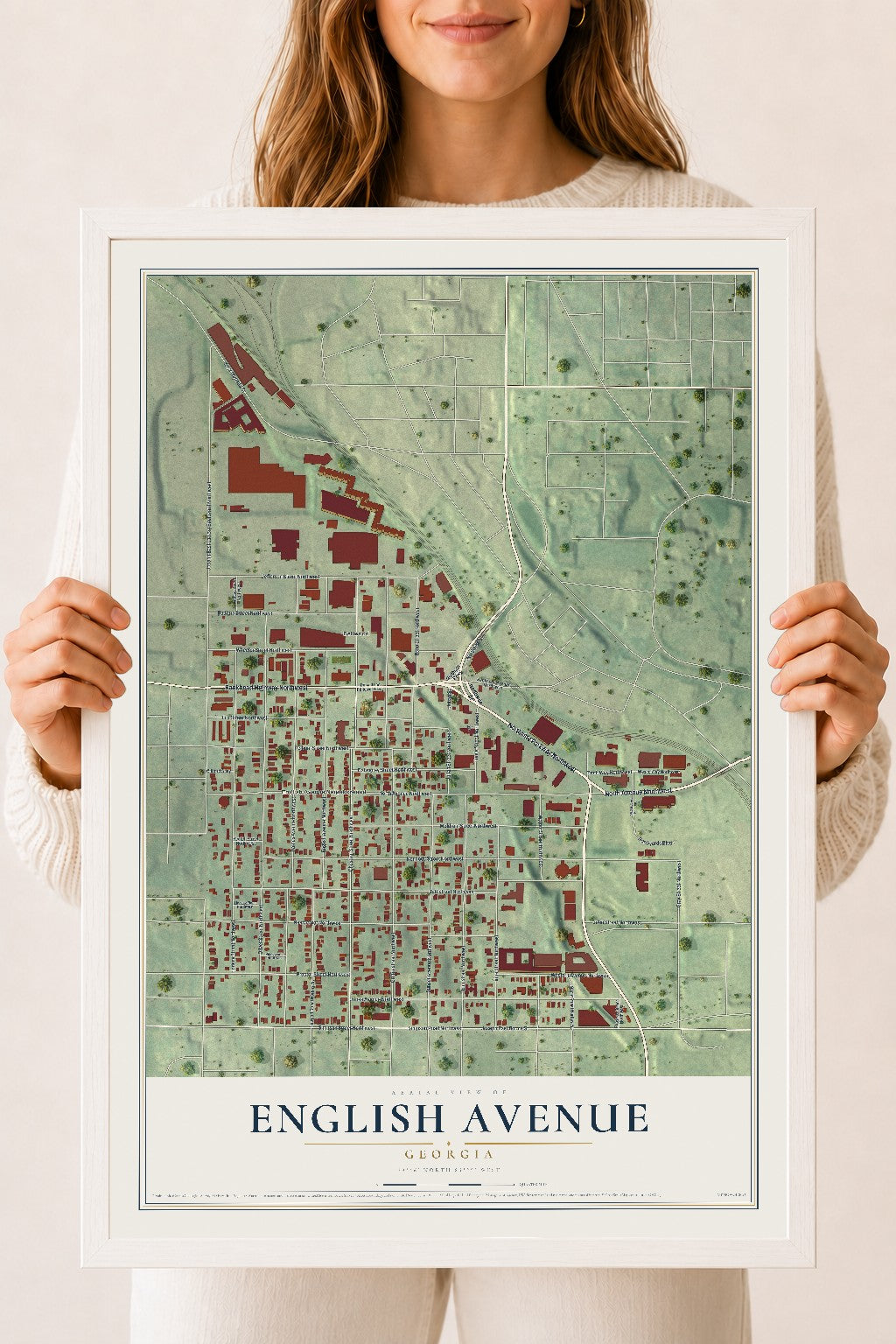 English Avenue, Georgia map print, 18" x 24" W/ White Ayous Wood Frame mockup