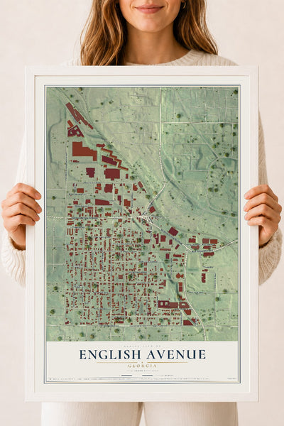 English Avenue, Georgia map print, 18" x 24" W/ White Ayous Wood Frame mockup
