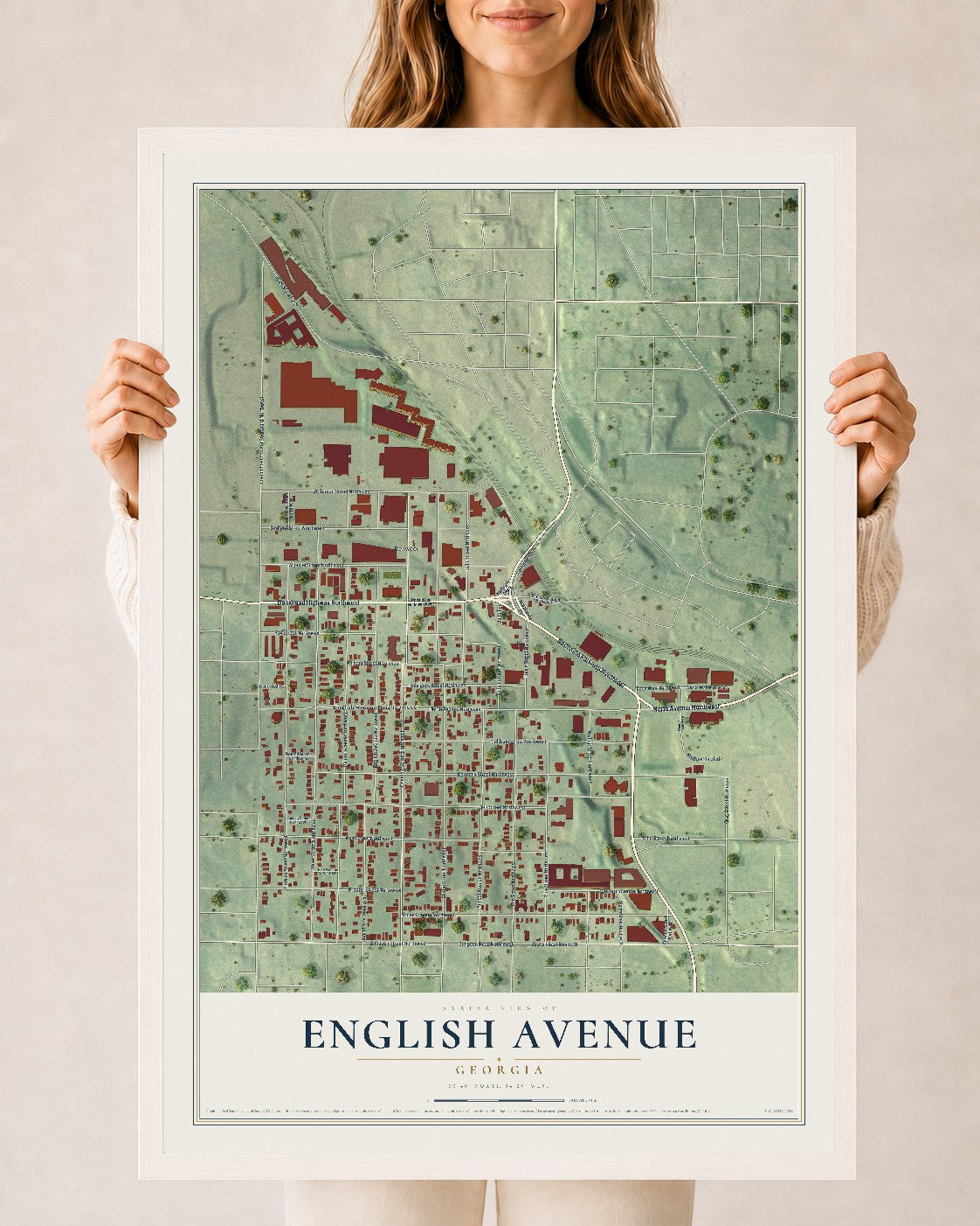 English Avenue, Georgia map print, 24" x 36" W/ White Ayous Wood Frame mockup