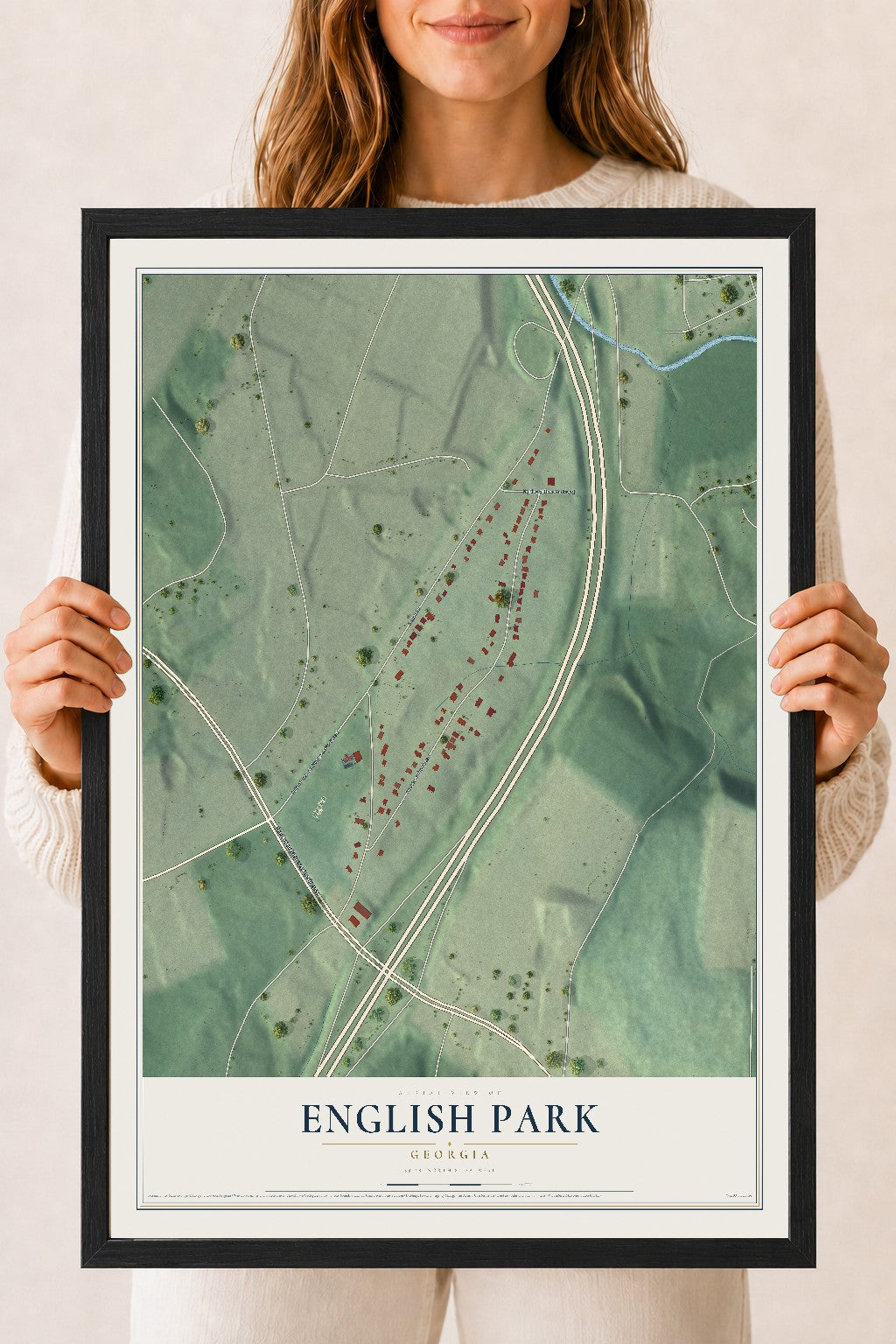 English Park, Georgia map print, 18" x 24" W/ Black Ayous Wood Frame mockup
