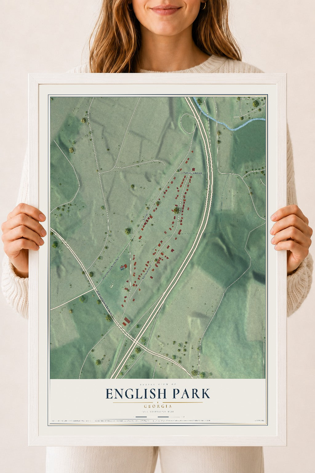 English Park, Georgia map print, 18" x 24" W/ White Ayous Wood Frame mockup