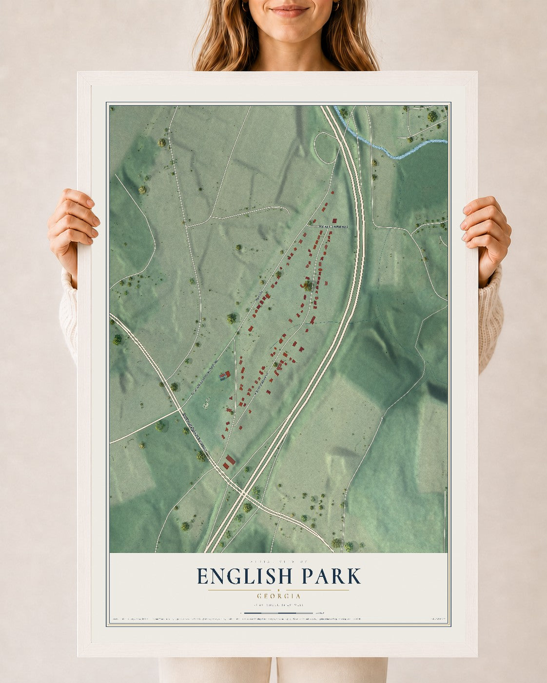 English Park, Georgia map print, 24" x 36" W/ White Ayous Wood Frame mockup