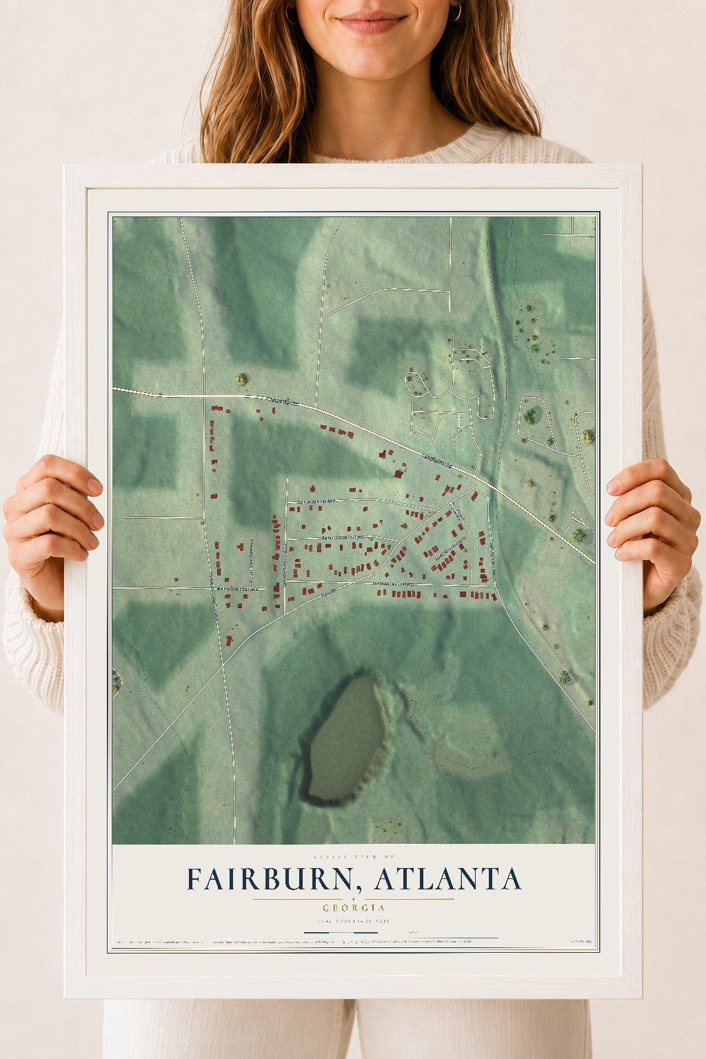 Fairburn, Georgia map print, 18" x 24" W/ White Ayous Wood Frame mockup