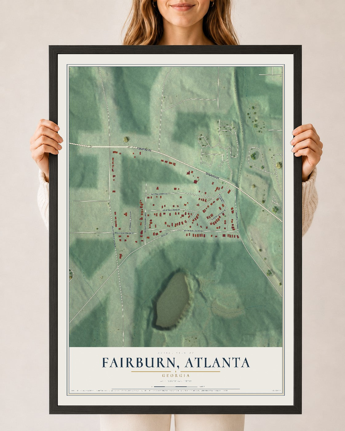 Fairburn, Georgia map print, 24" x 36" W/ Black Ayous Wood Frame mockup