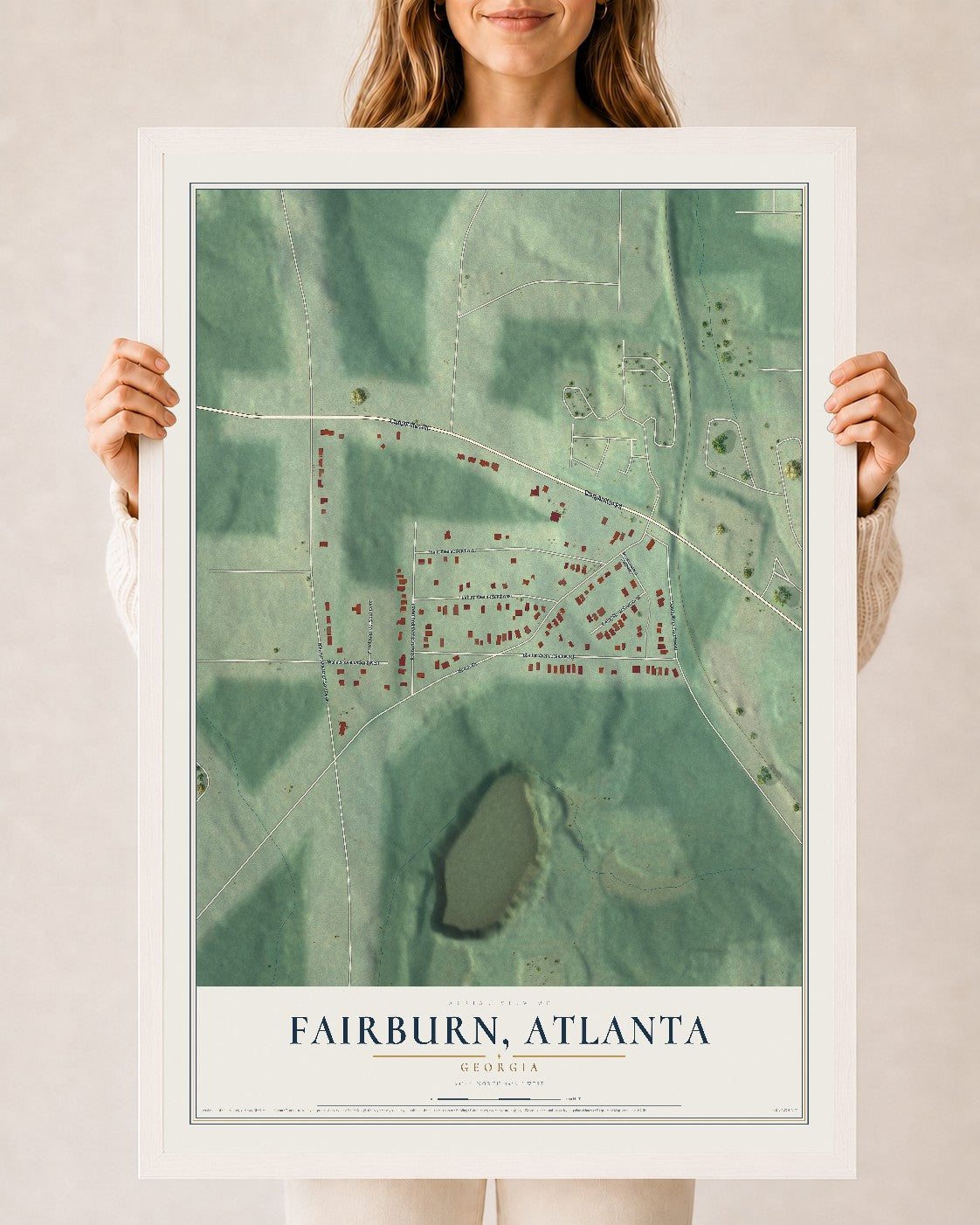 Fairburn, Georgia map print, 24" x 36" W/ White Ayous Wood Frame mockup