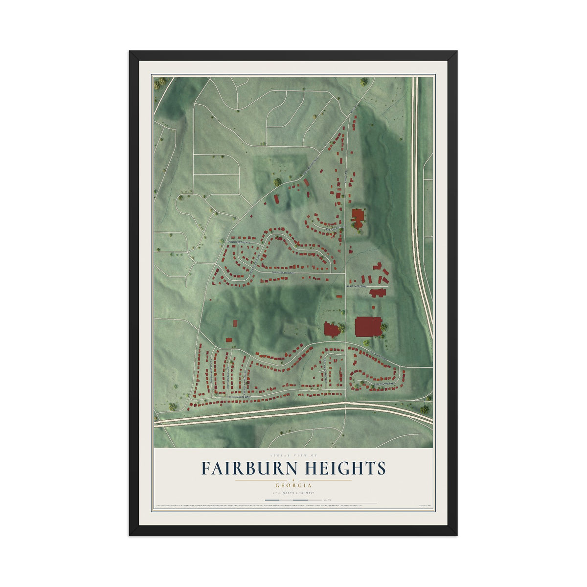 Fairburn Heights, Georgia map print, 12" x 18" W/ Black Ayous Wood Frame mockup