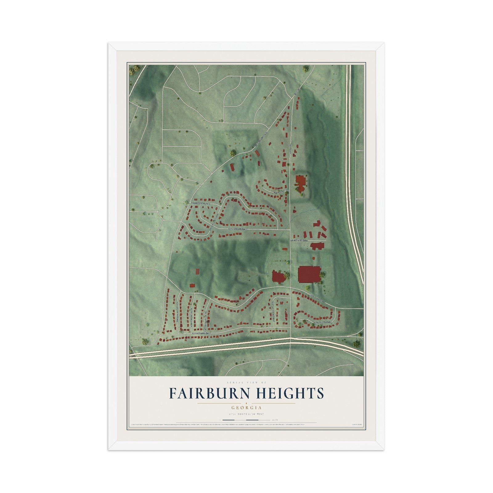 Fairburn Heights, Georgia map print, 12" x 18" W/ White Ayous Wood Frame mockup