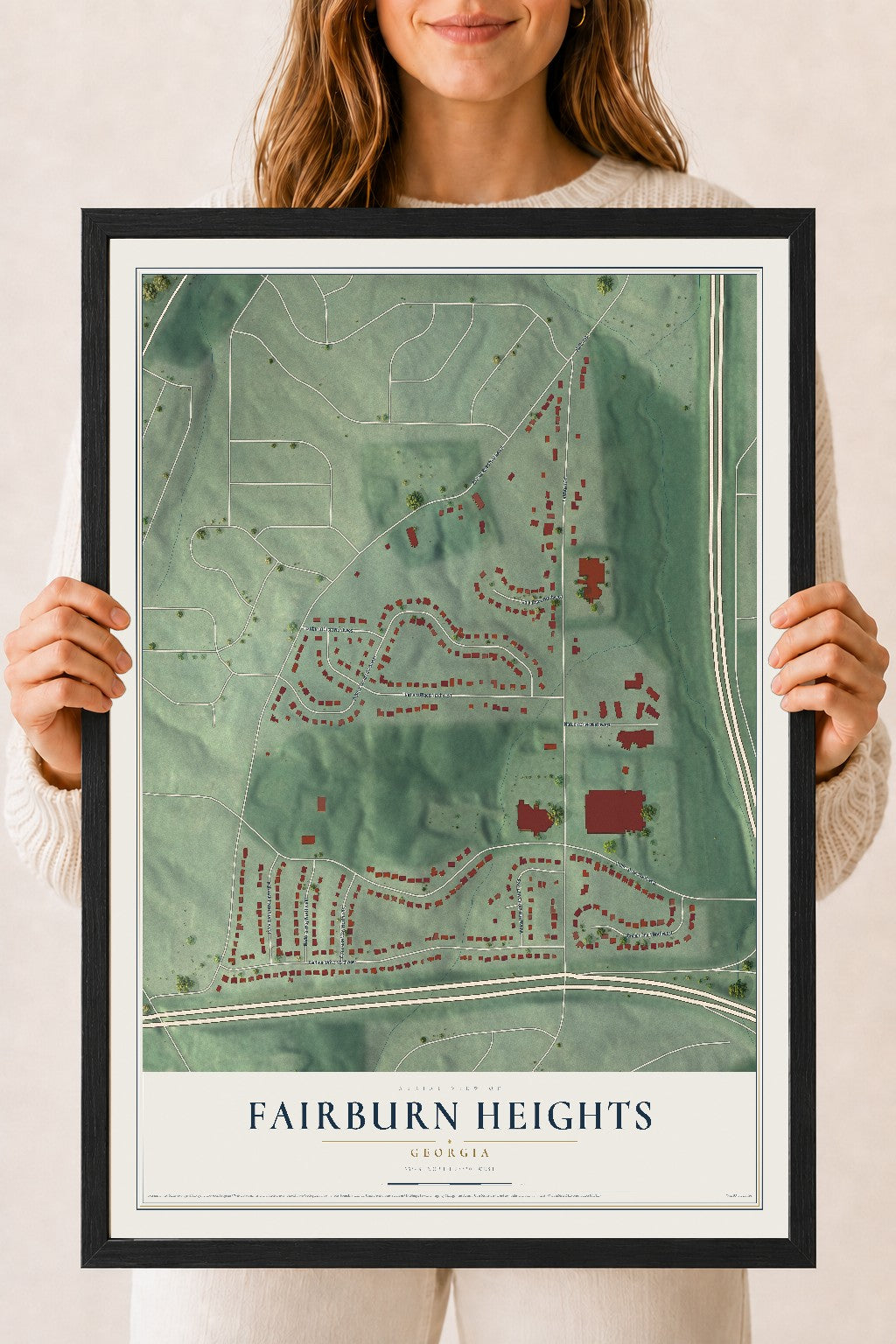Fairburn Heights, Georgia map print, 18" x 24" W/ Black Ayous Wood Frame mockup