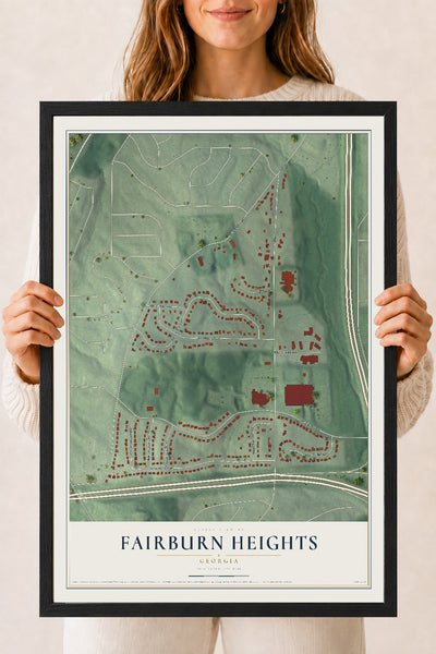 Fairburn Heights, Georgia map print, 18" x 24" W/ Black Ayous Wood Frame mockup