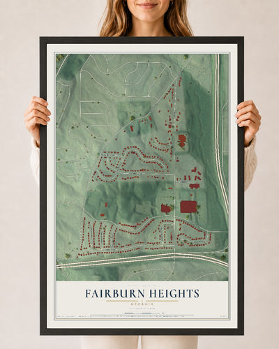 Fairburn Heights, Georgia map print, 24" x 36" W/ Black Ayous Wood Frame mockup