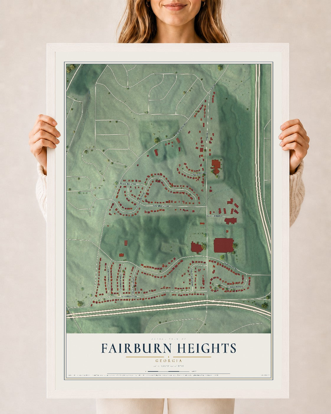 Fairburn Heights, Georgia map print, 24" x 36" W/ White Ayous Wood Frame mockup