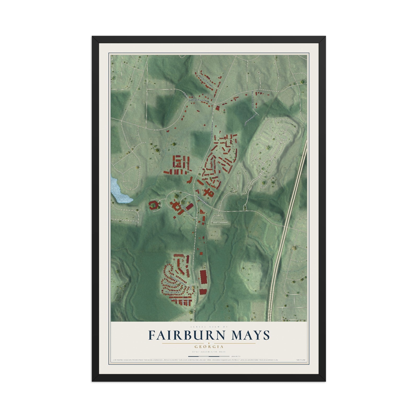 Fairburn Mays, Georgia map print, 12" x 18" W/ Black Ayous Wood Frame mockup