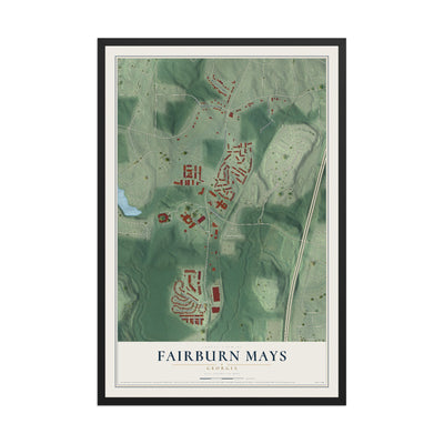 Fairburn Mays, Georgia map print, 12" x 18" W/ Black Ayous Wood Frame mockup