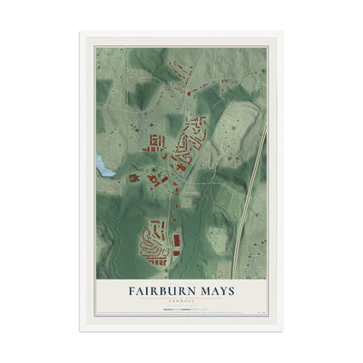 Fairburn Mays, Georgia map print, 12" x 18" W/ White Ayous Wood Frame mockup