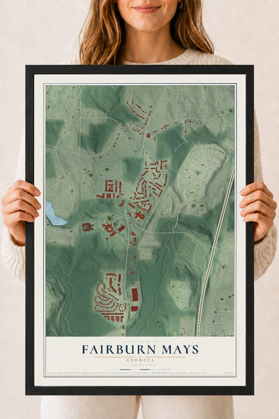 Fairburn Mays, Georgia map print, 18" x 24" W/ Black Ayous Wood Frame mockup