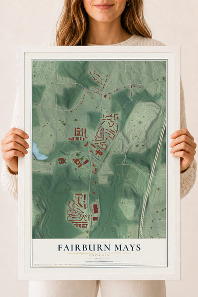 Fairburn Mays, Georgia map print, 18" x 24" W/ White Ayous Wood Frame mockup