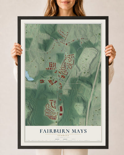 Fairburn Mays, Georgia map print, 24" x 36" W/ Black Ayous Wood Frame mockup