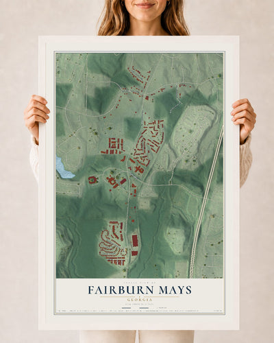 Fairburn Mays, Georgia map print, 24" x 36" W/ White Ayous Wood Frame mockup