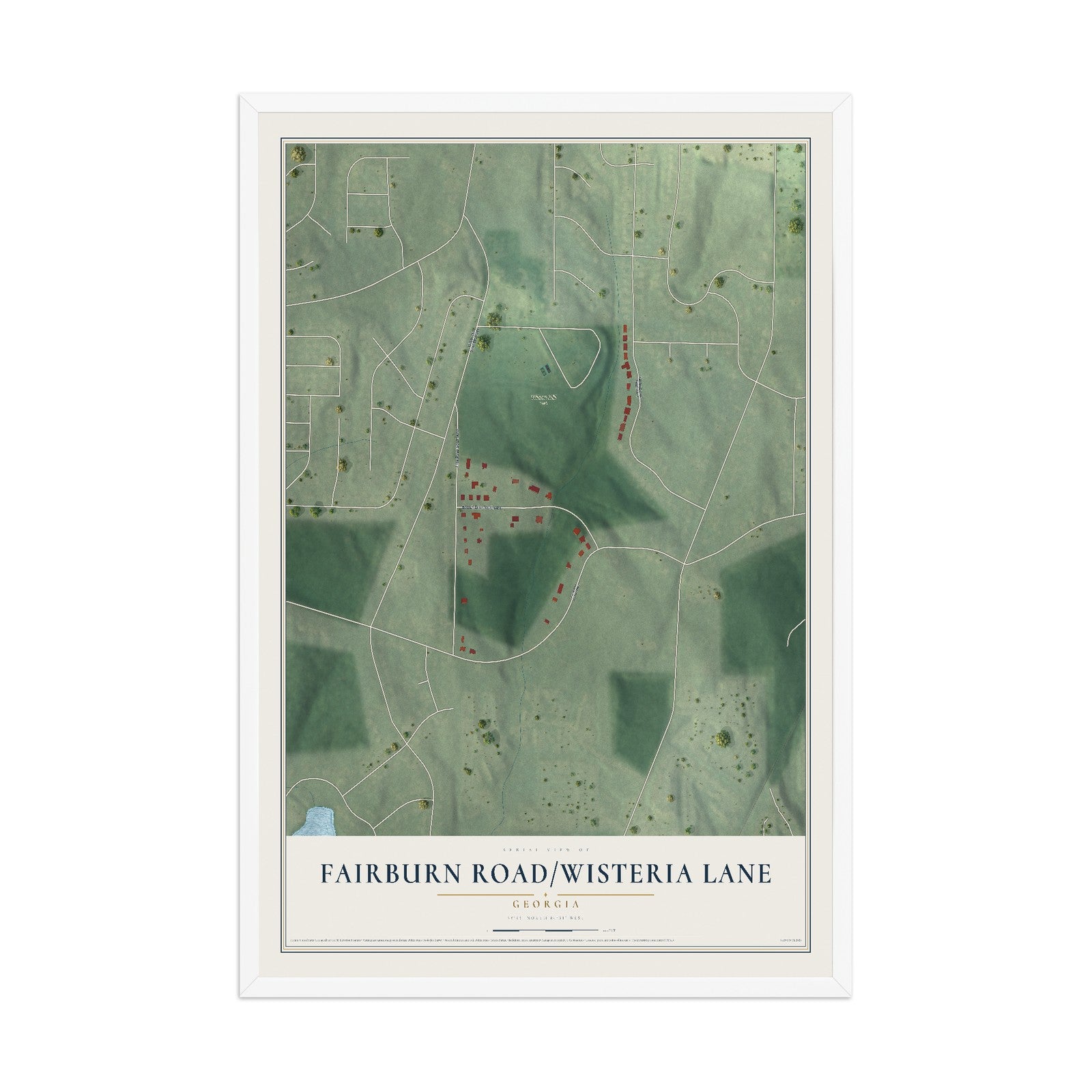 Fairburn Road-Wisteria Lane, Georgia map print, 12" x 18" W/ White Ayous Wood Frame mockup
