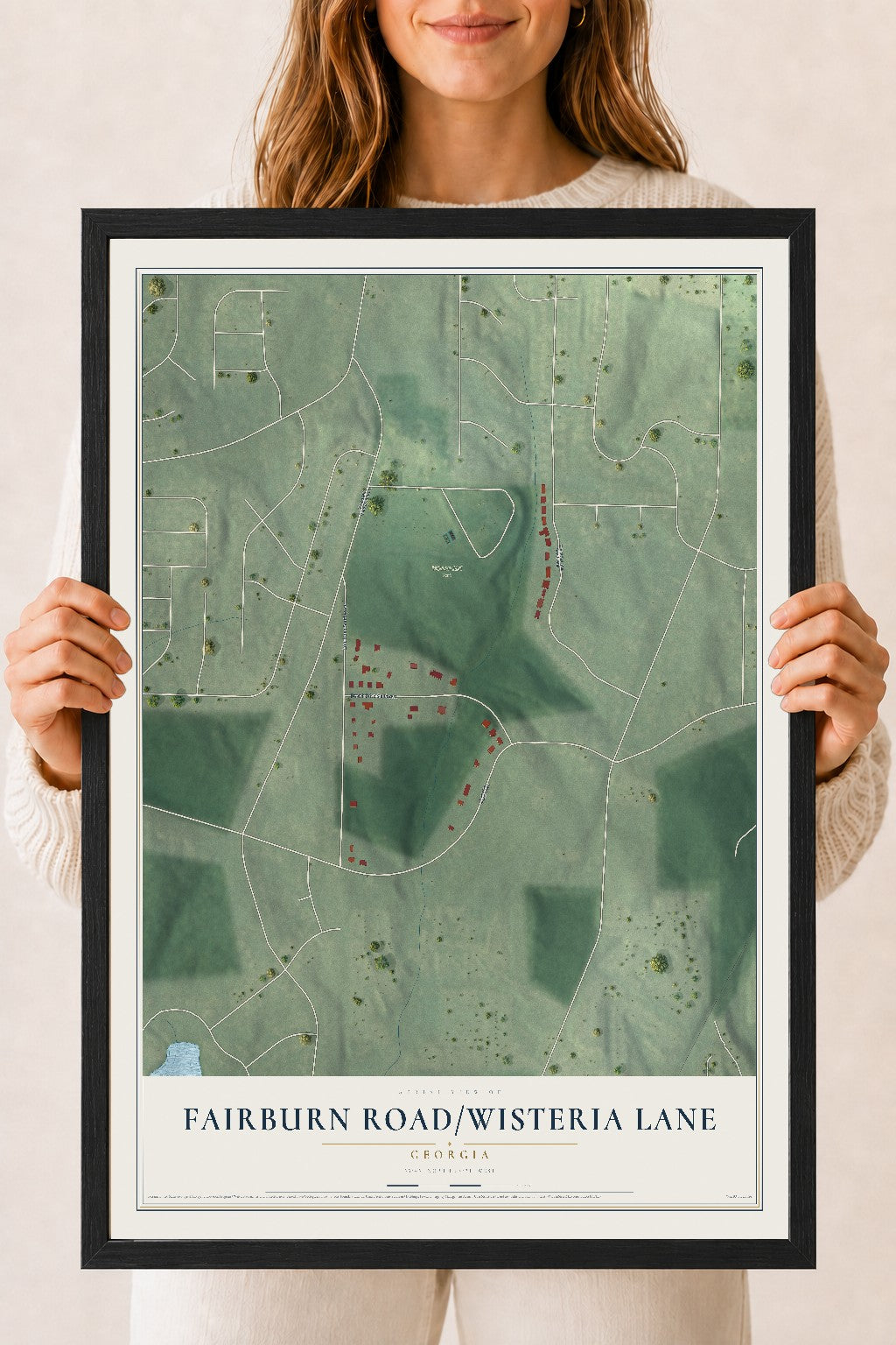 Fairburn Road-Wisteria Lane, Georgia map print, 18" x 24" W/ Black Ayous Wood Frame mockup